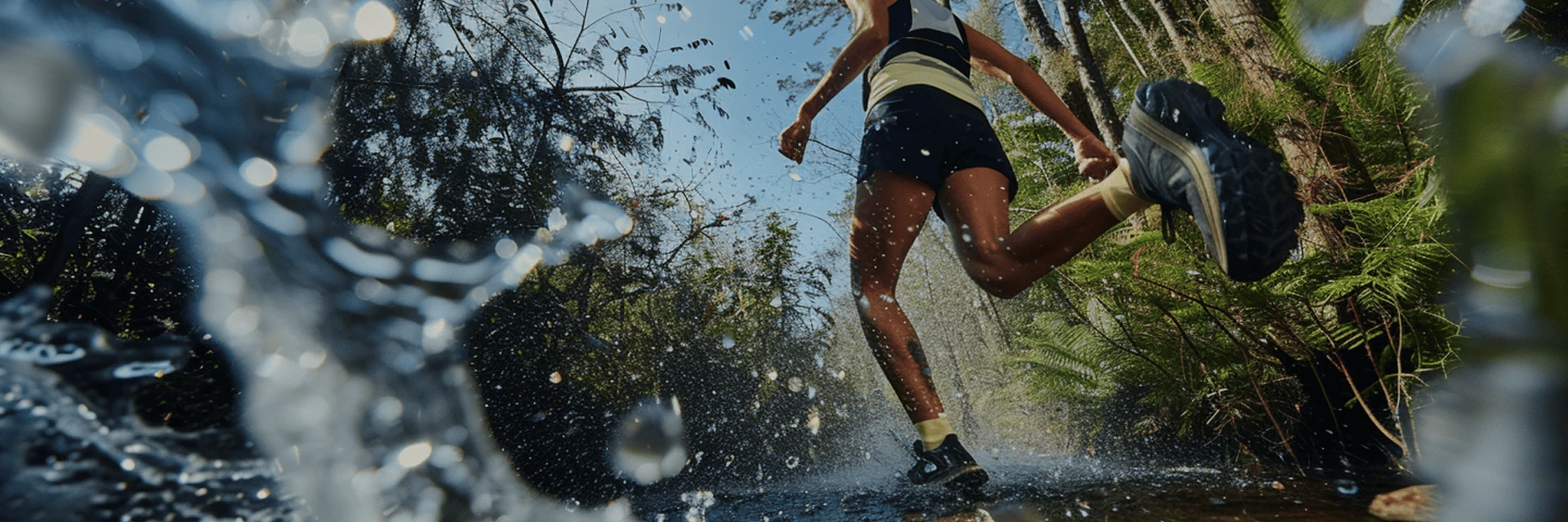 Atleta corredor na água de um riacho na floresta durante o dia.